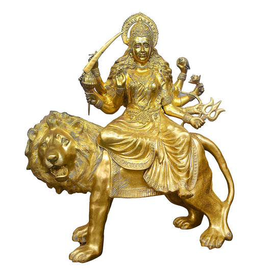 Brassaura® Brass Durga Riding Lion Statue | Height 43 Inches