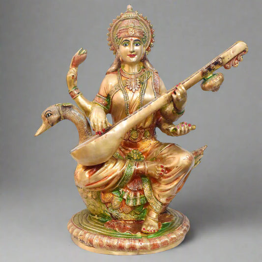Brassaura® Brass Goddess Saraswati Idol Antique Gold Finish | Height 36 Inches