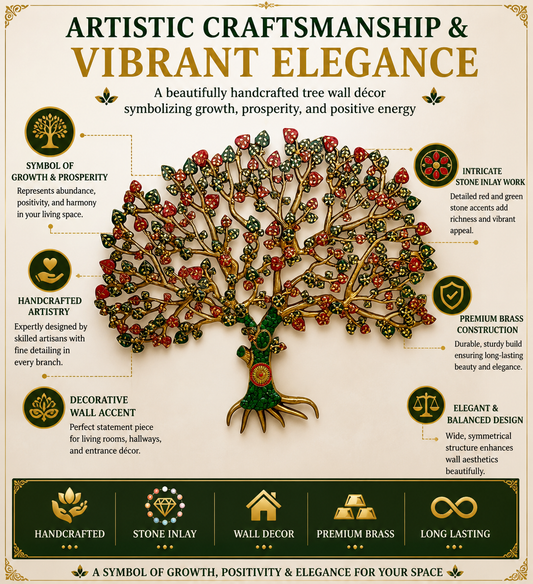 Brassaura® Handcrafted Brass Gem Stone Work Tree Wall Hanging – Height 26.4 Inches | Temple Wall Décor