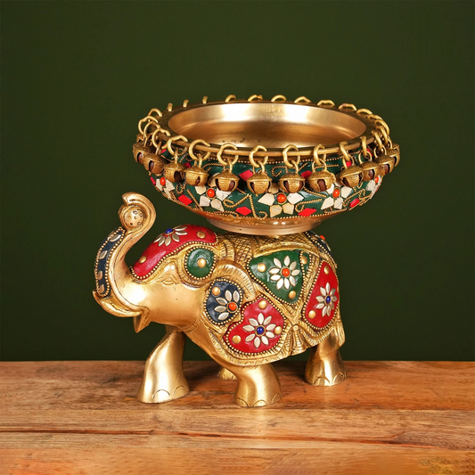 title Brassaura® Brass Elephant Urli with Stone Work with Antique Tone Finish | Pure Superfine Brass Handcrafted Murti | Brass Statue for Home Temple, Pooja Room | Height 7.5 Inches | Weight 3 Kgs