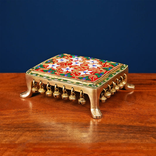 Brassaura® Brass Puja Chowki | Height 2 Inches | Stonework Mandir Platform with Ghungroo Bells
