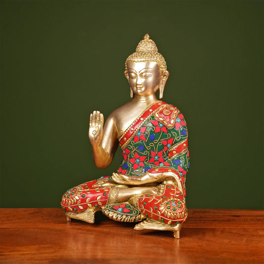 Brassaura® Brass Buddha Idol with Stonework | Height 11 Inches