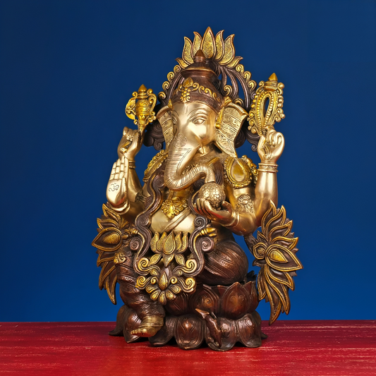 Brassaura® Brass Ganesha on Lotus | Height 21 Inches