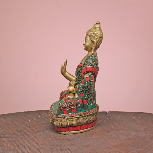 Brassaura® Brass Buddha with Stonework | Height 8 Inches