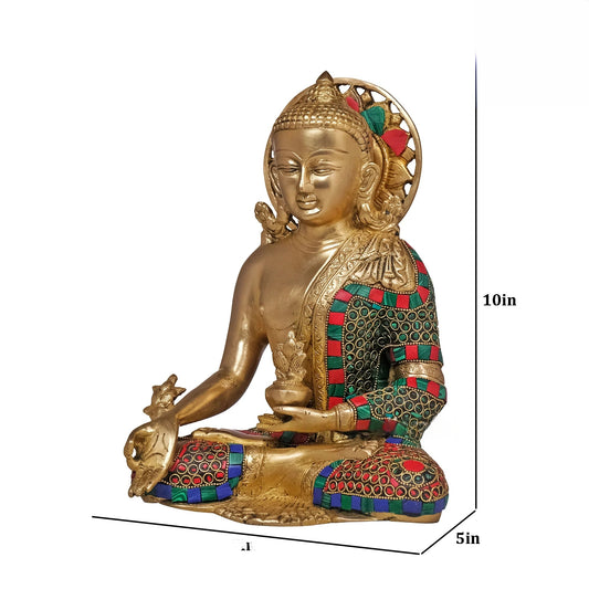 Brassaura® Buddha Statue in Bhumisparsh Mudra with Stonework | Pure Brass | Height 10 Inches
