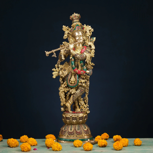 Brassaura® Brass Radha & Krishna Statue with Mosaic Stonework | Height 30 Inches