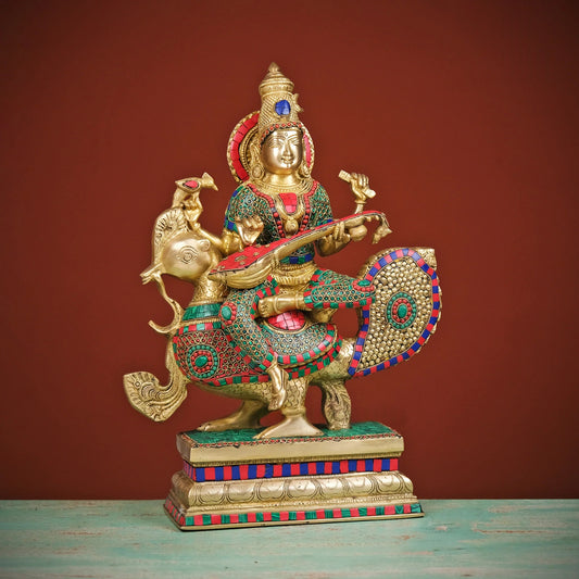 Brassaura® Brass Goddess Saraswati Playing Veena Statue | Height 20 Inches
