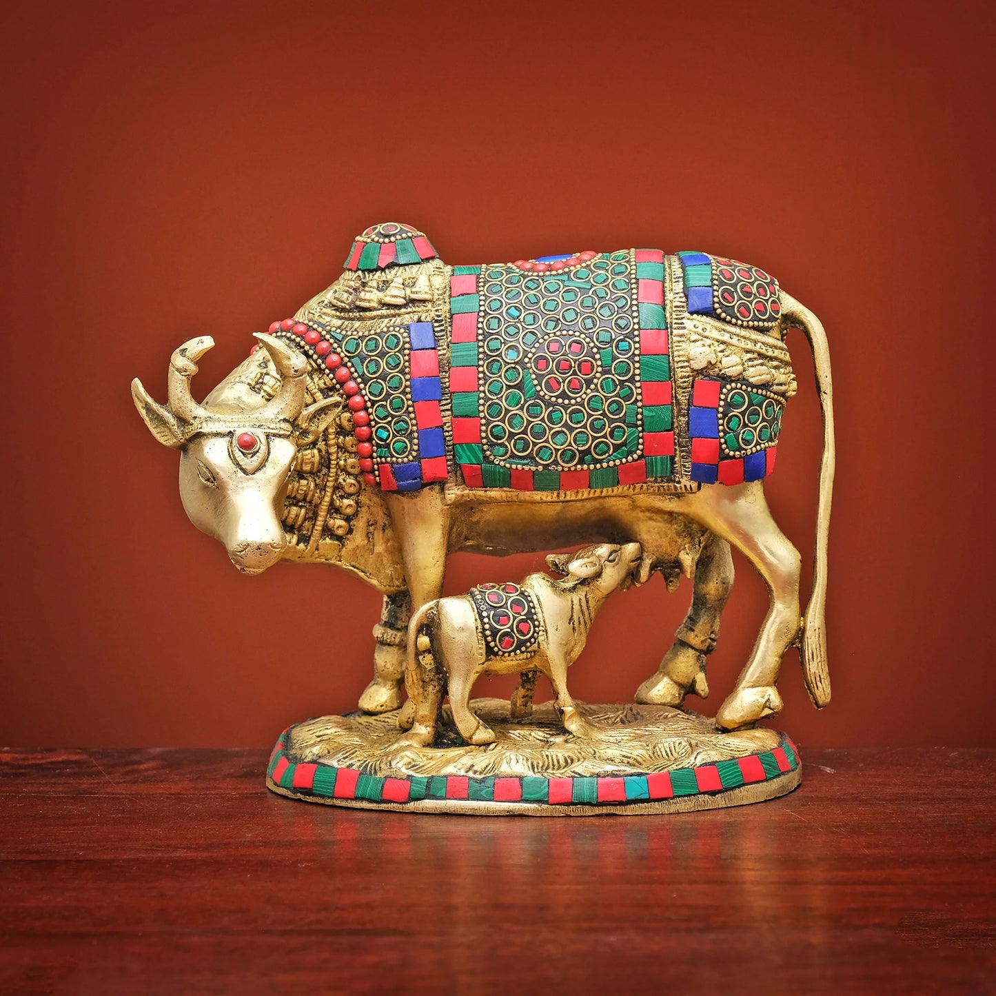 Brassaura® Brass Cow and Calf Figurine Kamdhenu | Height 6.5 Inches
