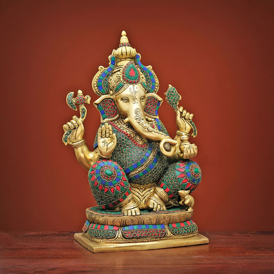 Brassaura® Brass Ganesha Idol with Stonework for Temple Pooja | Height 16 Inches