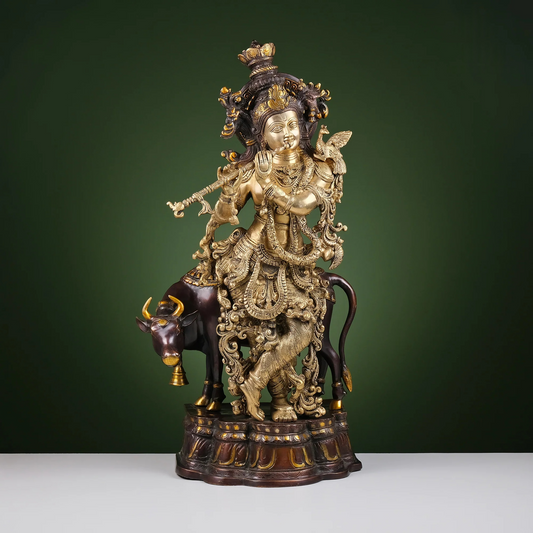 Brassaura® Brass Krishna with Cow Statue for Home Temple | Height 27 Inches
