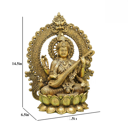 Brassaura® Brass Goddess Saraswati Statue | Height 14.5 Inches