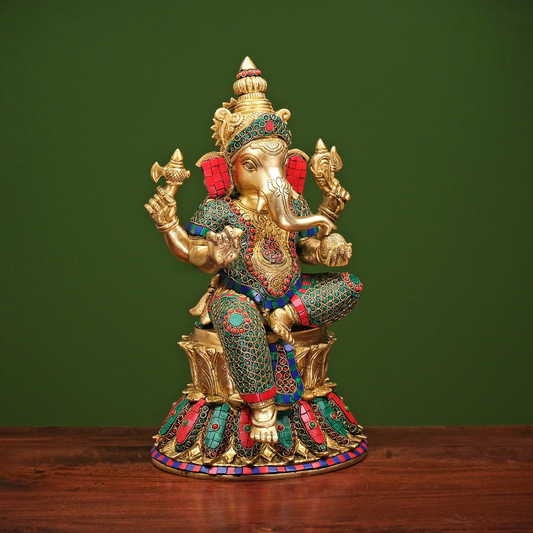 Brassaura® Ganesh Lakshmi Brass Statue with Stonework | Pure Brass | Height 15 Inches