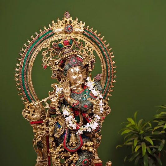 Brassaura® Brass Krishna Statue with Stonework | Height 32 Inches