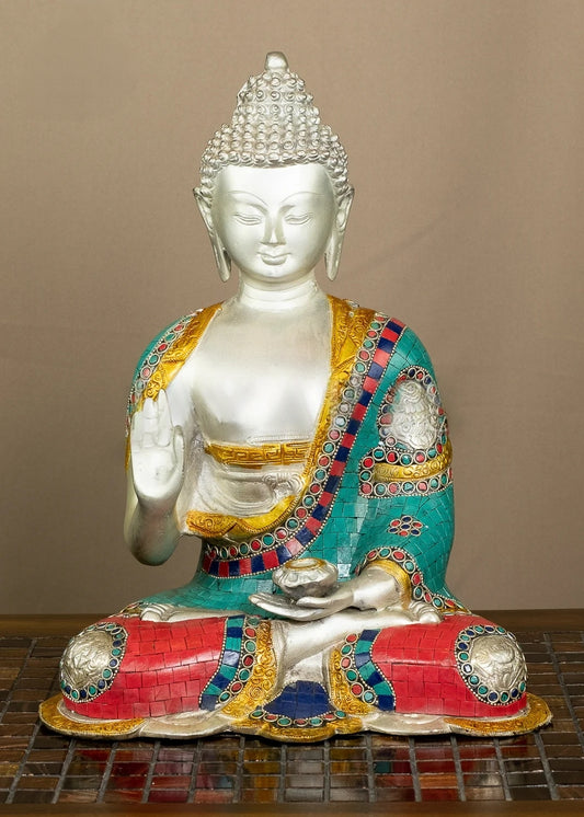 Brassaura® Brass Buddha Statue with Multicolor Robe Detailing for Home Décor – Pure Superfine Brass Handcrafted Murti – Height 13.75 Inches – Weight 7.2 Kg