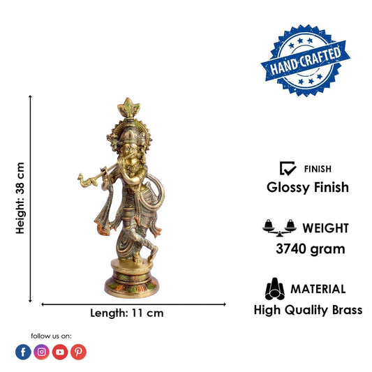 Brassaura® Brass Large Krishna God Statue | Height 15 Inches
