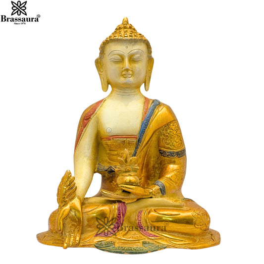Brass Multi Colored White & Gold Patina Finish Buddha Weight 3.3 Kg & Height 10 Inch