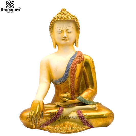 Brass Multi Colored White & Gold Patina Finish Buddha Weight 5.5 Kg & Height 12 Inch