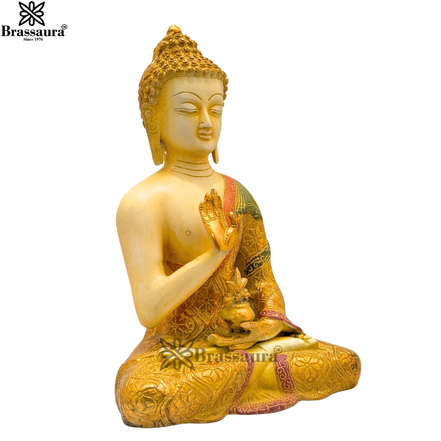 Brass Multi Colored White & Gold Patina Finish Buddha Weight 3.5 Kg & Height 10 Inch