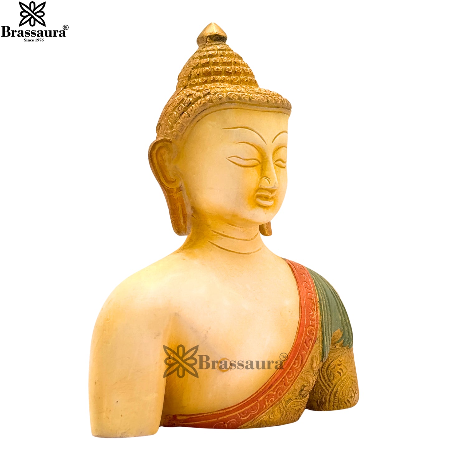 Brass Multi Colored White & Gold Patina Finish Buddha Weight 1.6 Kg & Height 7.5 Inch