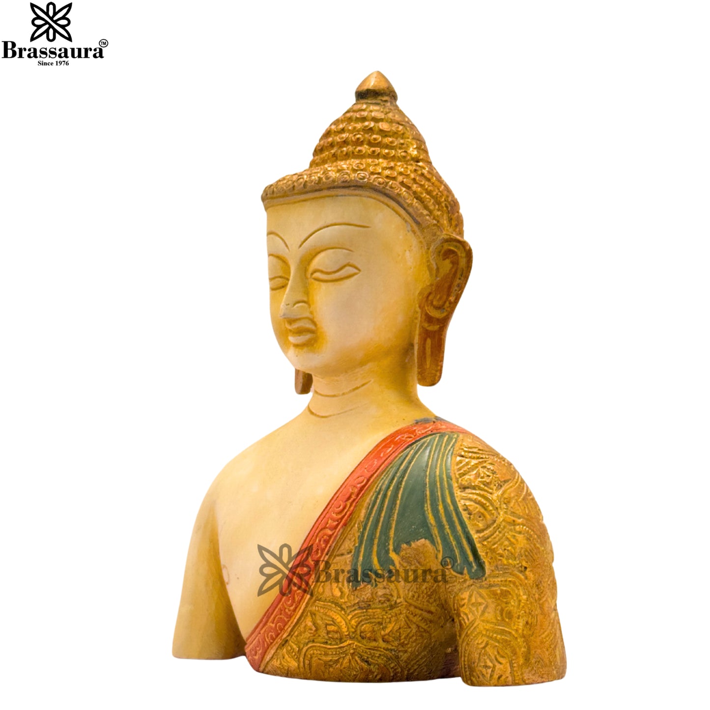 Brass Multi Colored White & Gold Patina Finish Buddha Weight 1.6 Kg & Height 7.5 Inch