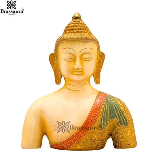 Brass Multi Colored White & Gold Patina Finish Buddha Weight 1.6 Kg & Height 7.5 Inch