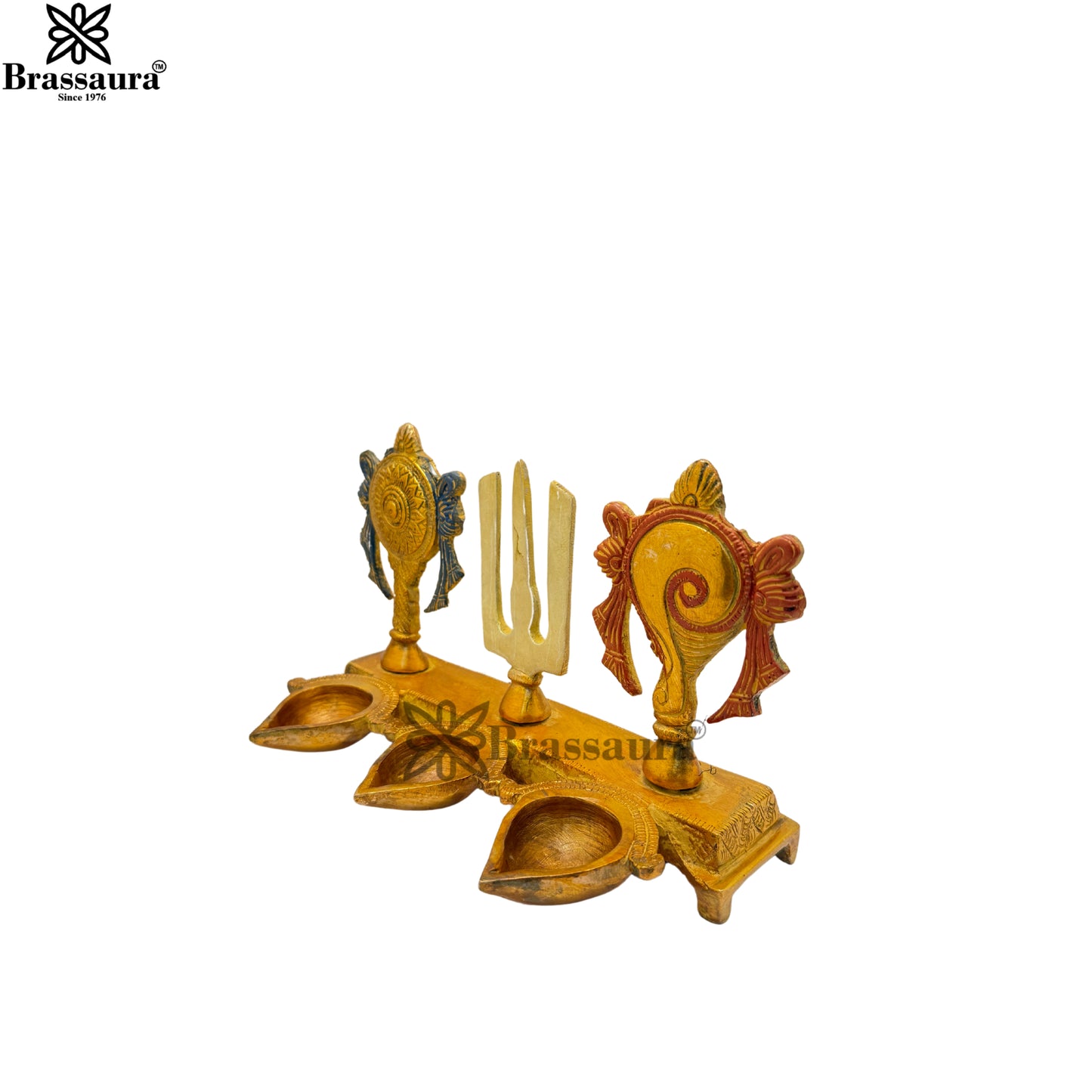 Brass Multi Colored Gold & White Patina Finish shankh chakra Diya Weight 1.5 Kg & Height 5.5 Inch