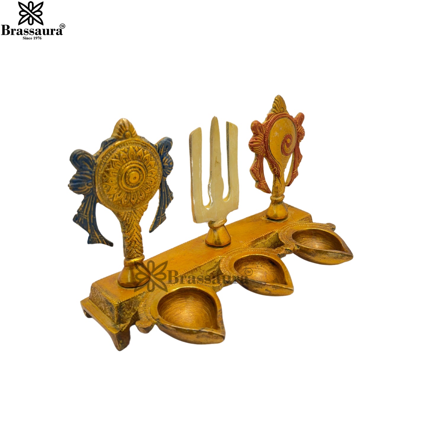 Brass Multi Colored Gold & White Patina Finish shankh chakra Diya Weight 1.5 Kg & Height 5.5 Inch