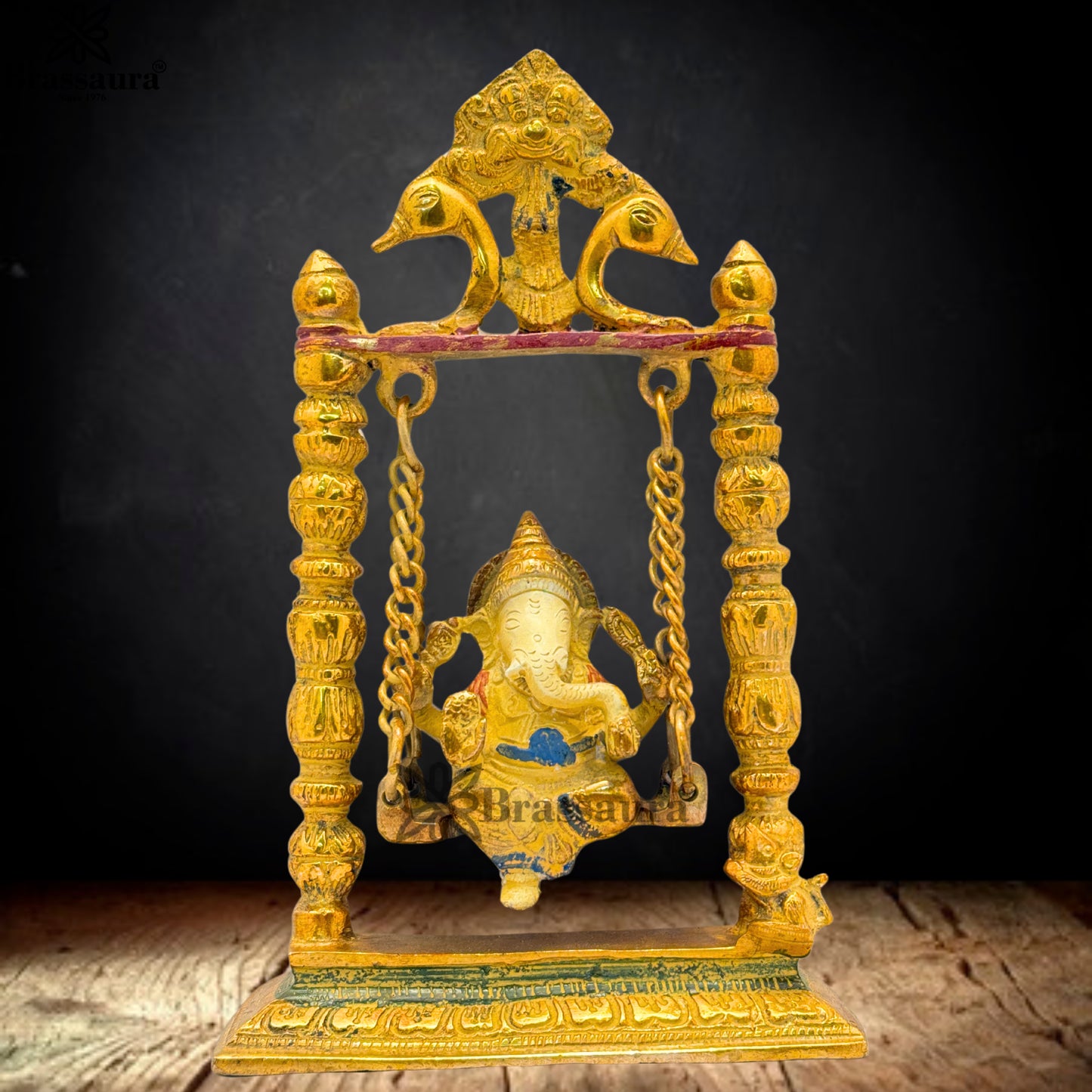 Brass Multi Colored White & Gold Patina Finish Jhula ganesha Weight 1.9 Kg & Height 9 Inch