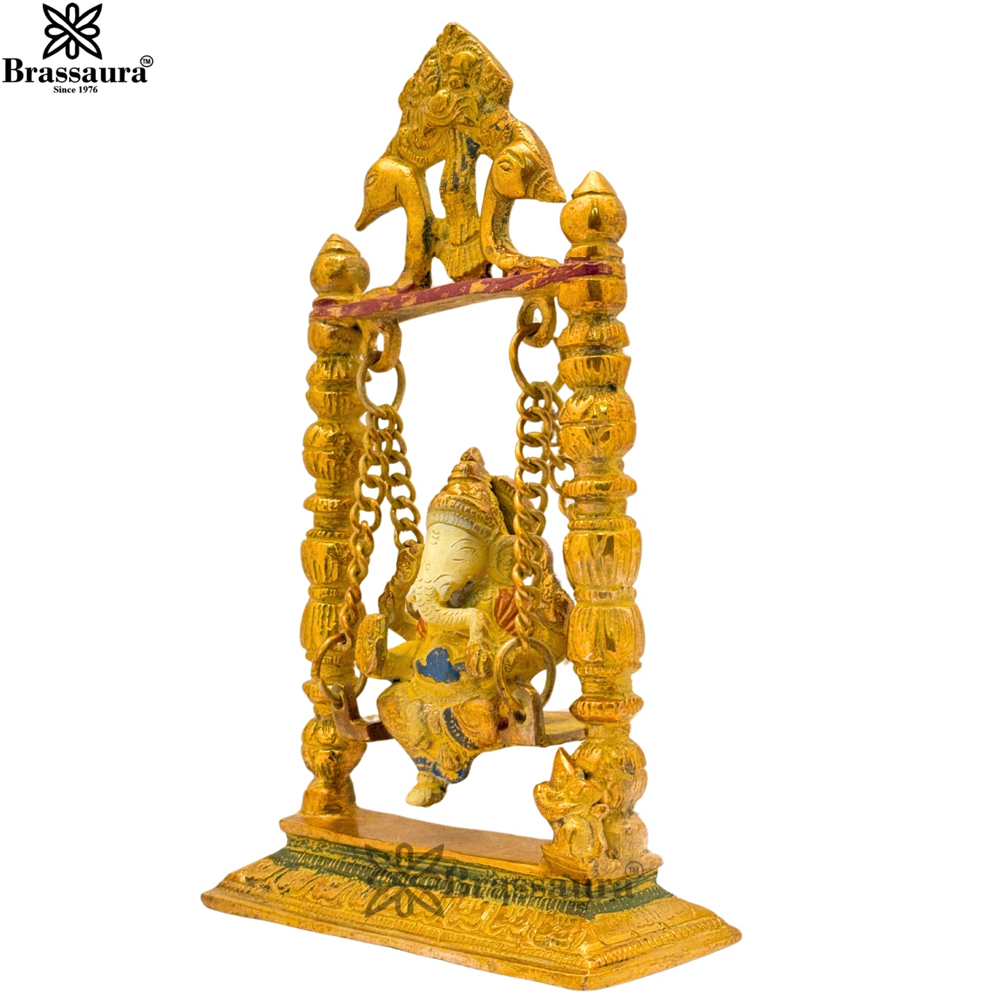 Brass Multi Colored White & Gold Patina Finish Jhula ganesha Weight 1.9 Kg & Height 9 Inch