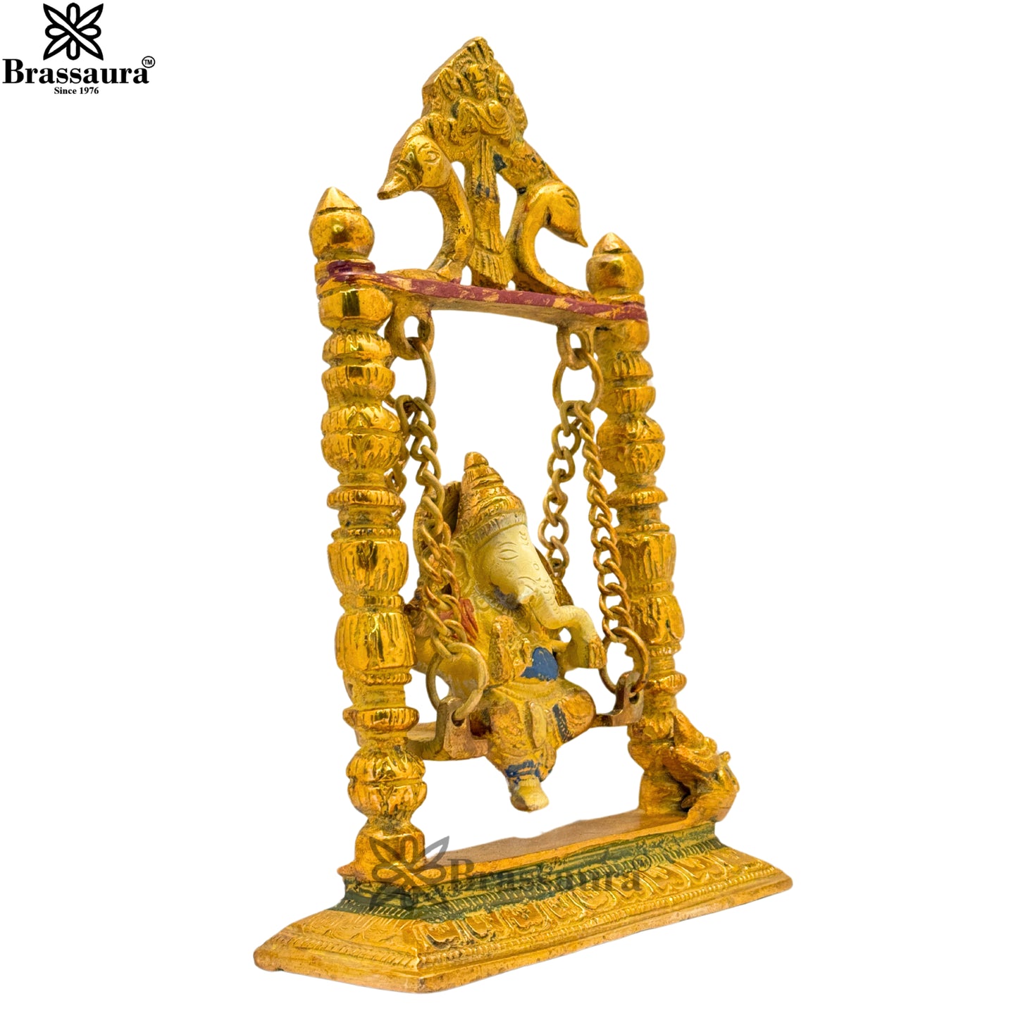 Brass Multi Colored White & Gold Patina Finish Jhula ganesha Weight 1.9 Kg & Height 9 Inch