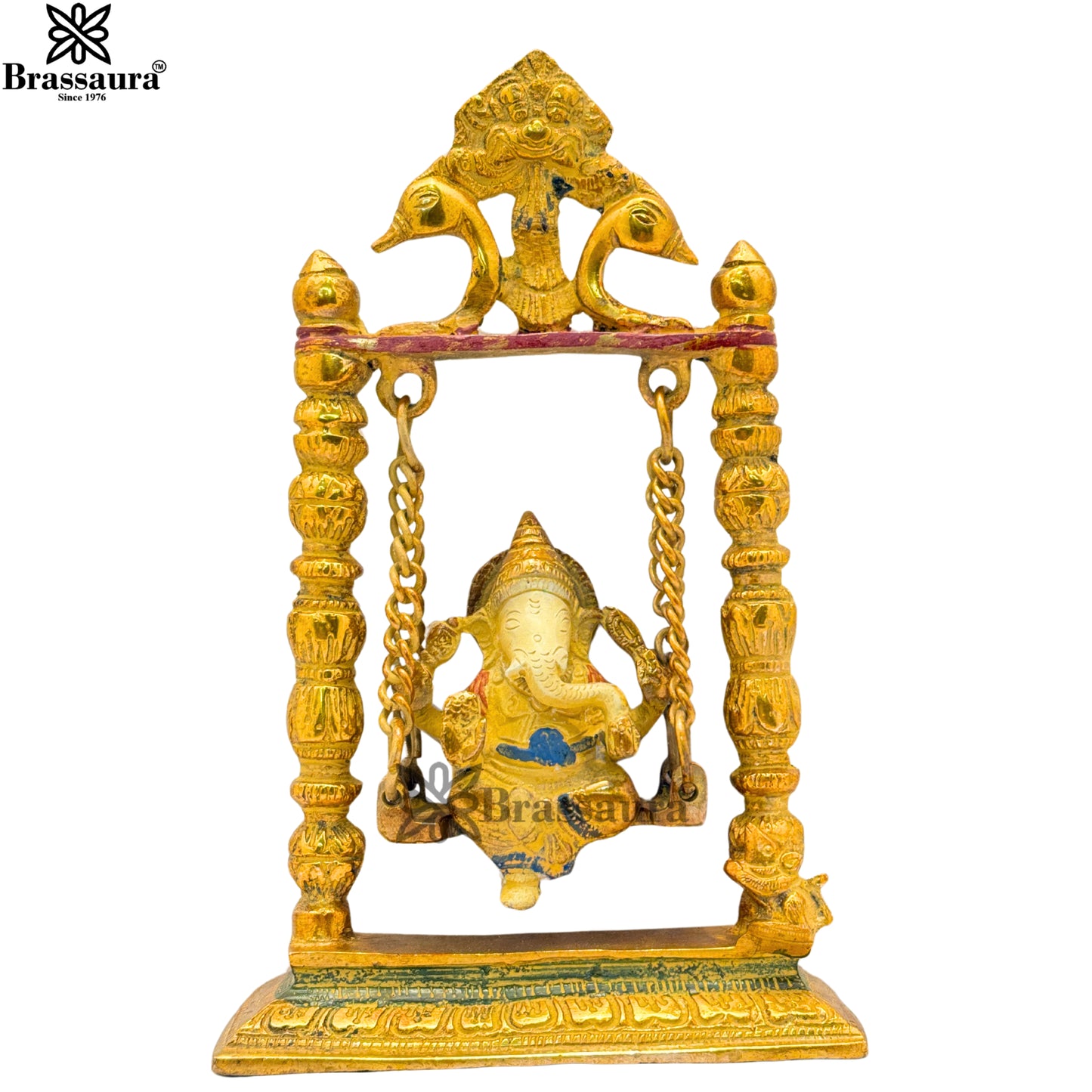 Brass Multi Colored White & Gold Patina Finish Jhula ganesha Weight 1.9 Kg & Height 9 Inch