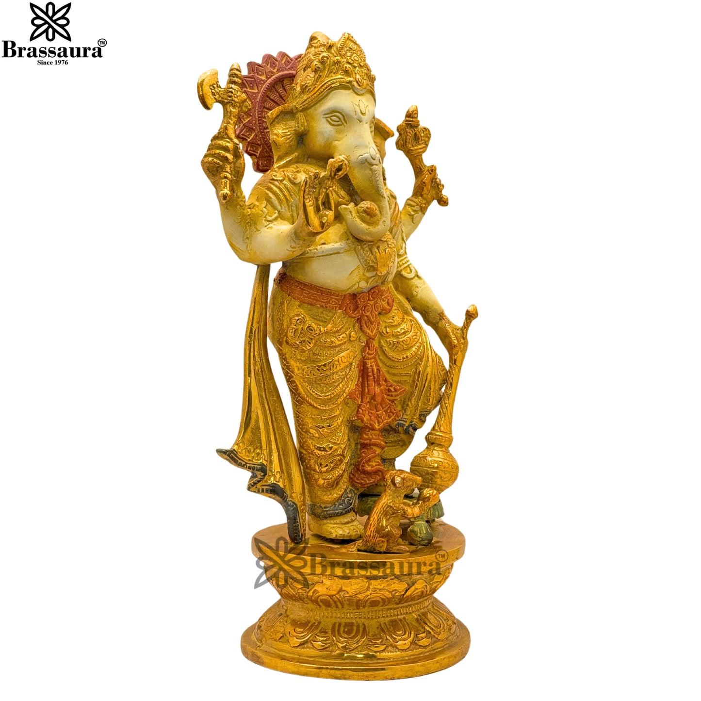 Brass Multi Colored White & Gold Patina Finish Standing ganesha Weight 3.6 Kg & Height 11.5 Inch