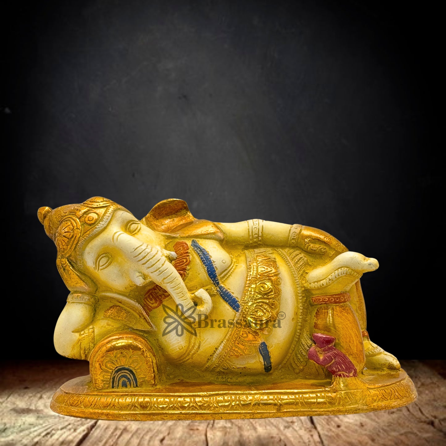 Brass Multi Colored White & Gold Patina Finish relaxing ganesha Weight 2.4 Kg & Height 4 Inch