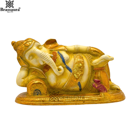 Brass Multi Colored White & Gold Patina Finish relaxing ganesha Weight 2.4 Kg & Height 4 Inch