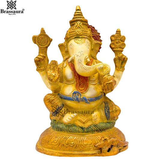 Brass Multi Colored White & Gold Patina Finish ganesha Weight 2.2 Kg & Height 8 Inch