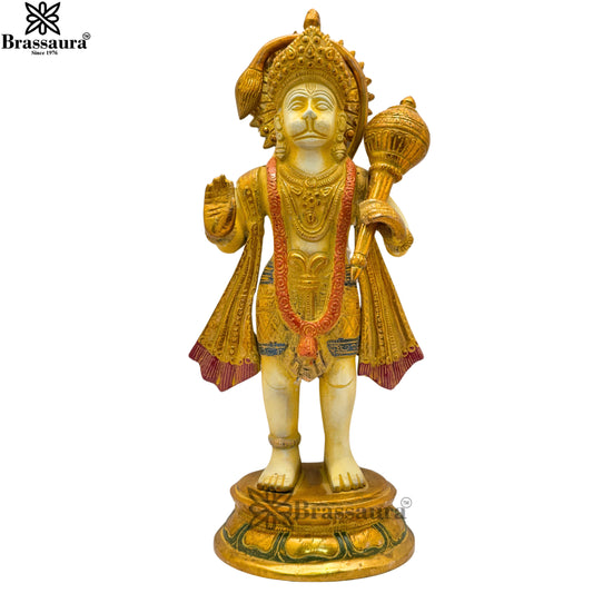 Brassaura™ Brass Multi Colored White & Gold Patina Finish Standing Hanuman, Height 12.5 Inches & Weight 4.1 Kgs | Handcrafted Idol