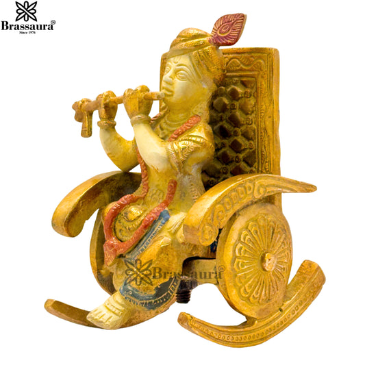 Brassaura® Lord Krishna Standing Idol with White & Gold Patina and Multi-Colored Finish | Pure Superfine Brass Handcrafted Murti | Brass Statue for Home Temple, Pooja Room, Spiritual Décor & Luxury Gifting | Height 6 Inches | Weight 2.1 Kg