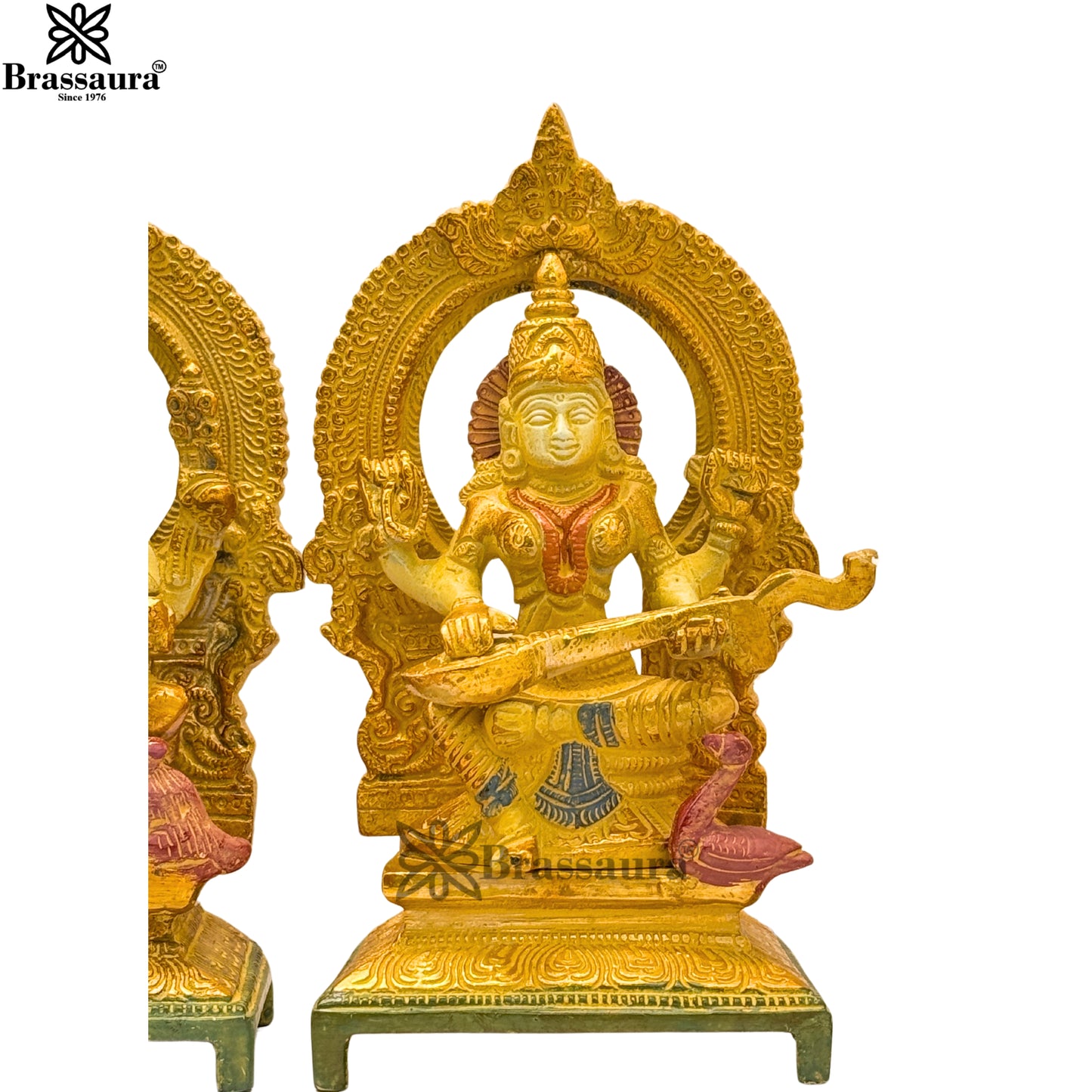 Brass Multi Colored White & Gold Patina Finish Lakshmi ganesha saraswati Weight 4.6 Kg & Height 7.5 Inch