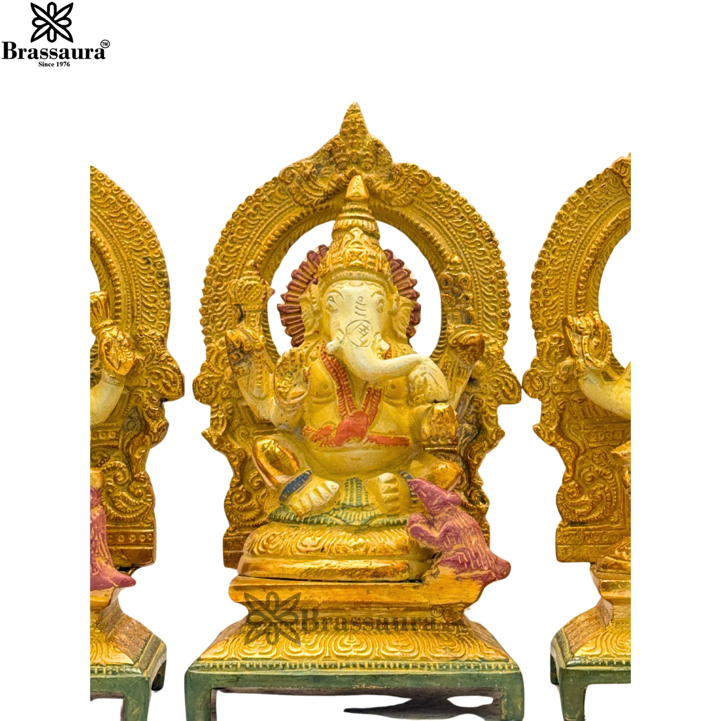 Brass Multi Colored White & Gold Patina Finish Lakshmi ganesha saraswati Weight 4.6 Kg & Height 7.5 Inch