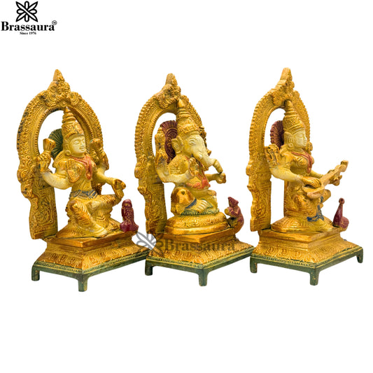 Brassaura™ Brass Multi Colored White & Gold Patina Finish Lakshmi Ganesha Saraswati - Height 7.5 Inches & Weight 4.6 Kgs