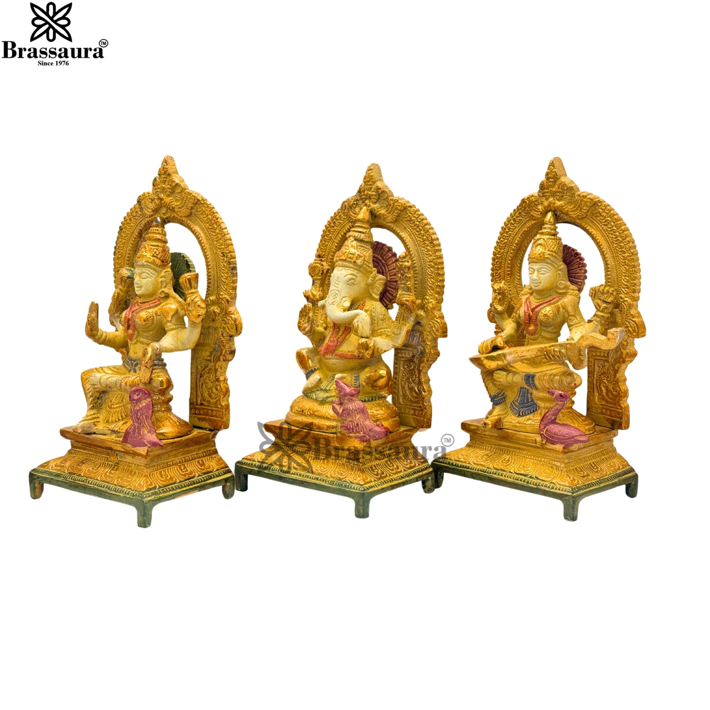 Brass Multi Colored White & Gold Patina Finish Lakshmi ganesha saraswati Weight 4.6 Kg & Height 7.5 Inch