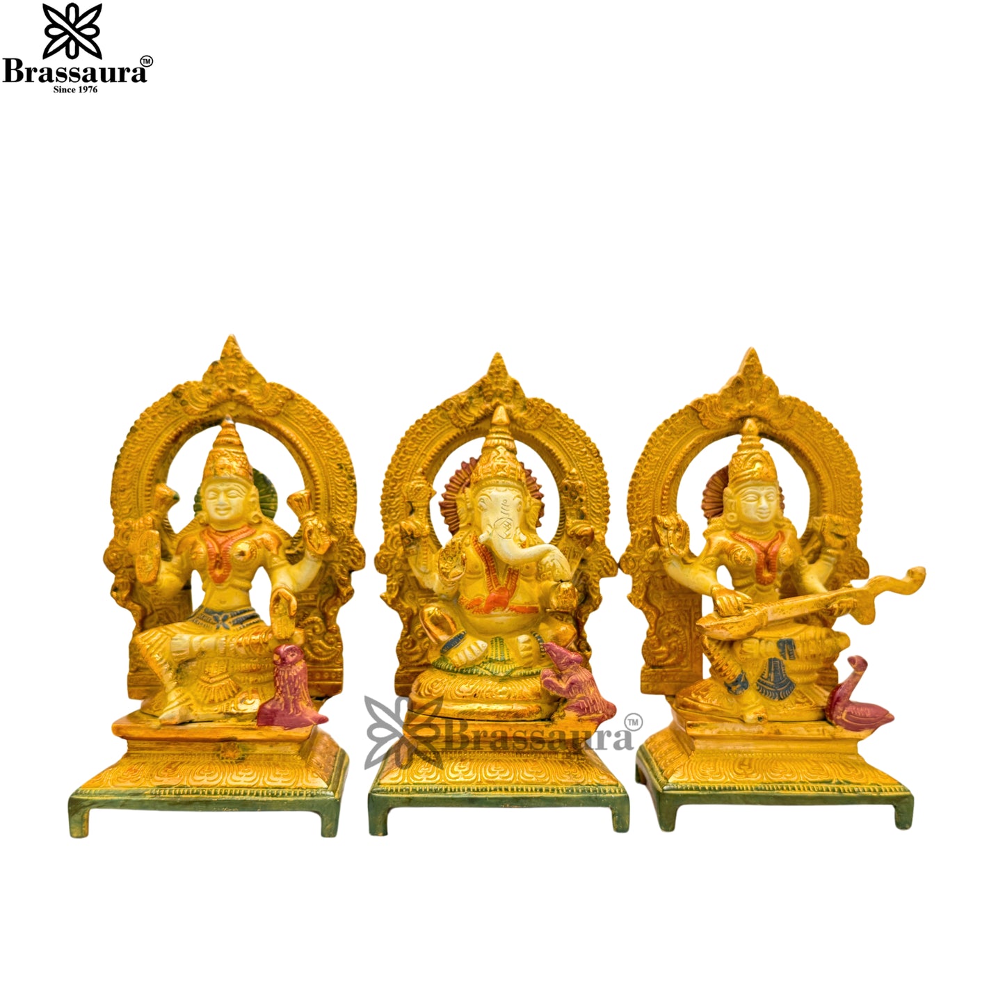 Brass Multi Colored White & Gold Patina Finish Lakshmi ganesha saraswati Weight 4.6 Kg & Height 7.5 Inch