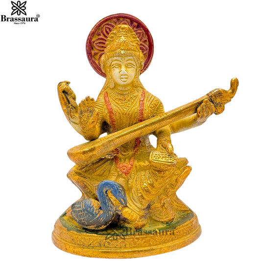 Brass Multi Colored White & Gold Patina Finish Saraswati Weight 0.9 Kg & Height 5 Inch