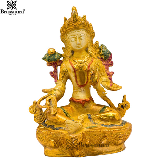 Brass Multi Colored White & Gold Patina Finish Tara Weight 1.9 Kg & Height 8 Inch