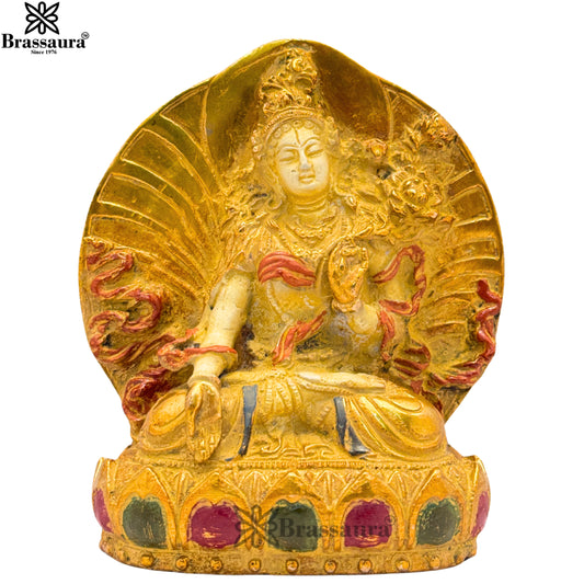 Brass Multi Colored White & Gold Patina Finish Tara Weight 1.7 Kg & Height 5.8 Inch