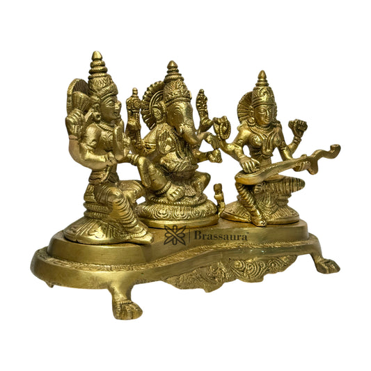 Brassaura™ Artistic Brass Laxmi Ganesha Saraswati Idol – Height 8 Inches & Weight 3.1 Kgs | Spiritual Home Décor