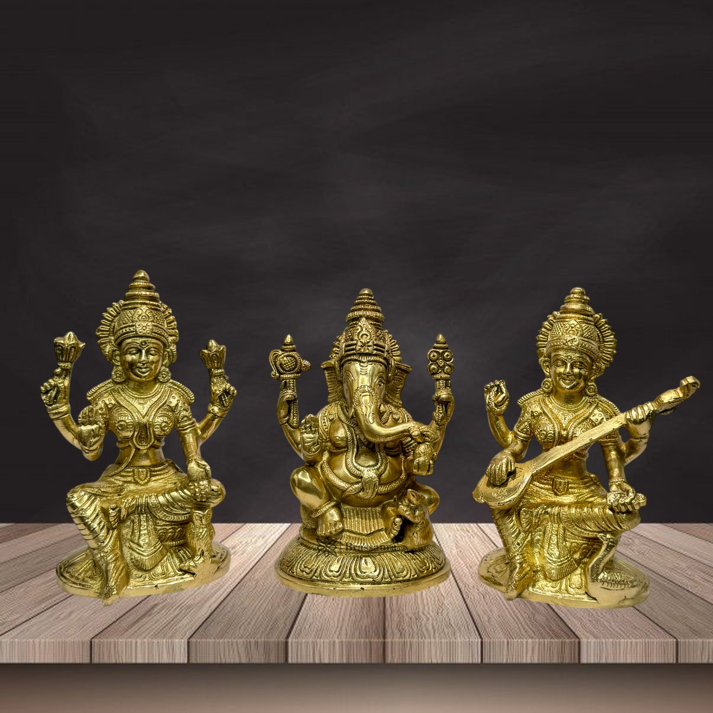 Brassaura™ Brass Laxmi Ganesha Saraswati Idol – Height 7.2 Inches & Weight 4.8 Kgs | Hindu Devotional Idol