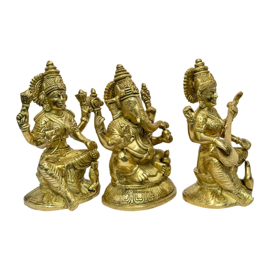 Brassaura™ Brass Laxmi Ganesha Saraswati Idol – Height 7.2 Inches & Weight 4.8 Kgs | Hindu Devotional Idol
