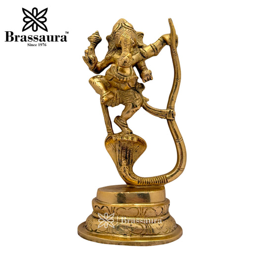 Brassaura™ Brass Dancing Ganesha Idol for Home and Decor | Weight 1.8 Kgs | Height 9.45 Inches