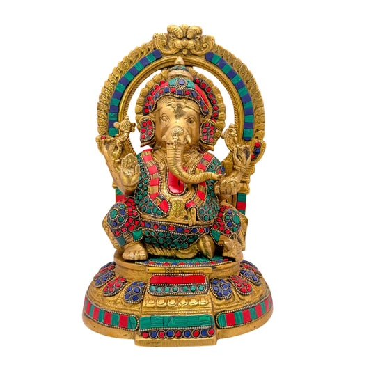 Brassaura™ Gemstone-Embellished Brass Ganesha Statue for Home & Temple Décor | Height 13 Inches & Weight 5.6 Kgs